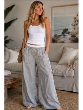 XCVI Women’s 100% Linen Striped Wide Leg Pants Pull-On Waist Size M